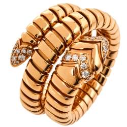 Pre Owned Bvlgari Serpenti Tubogas Diamond 18K Rose Gold Double Spiral Ring Size 57