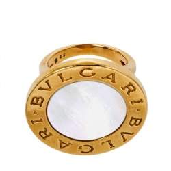 Pre Owned Bvlgari Mother of Pearl Inlay 18K Yellow Gold Circular Ring Size 52