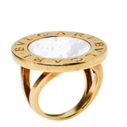 Pre Owned Bvlgari Mother of Pearl Inlay 18K Yellow Gold Circular Ring Size 52