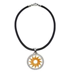 Pre Owned Bvlgari Tondo Sun 18K Gold & Stainless Steel Pendant Cord Necklace