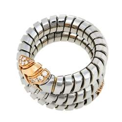 Pre Owned Bvlgari Serpenti Tubogas 18K Rose Gold Stainless Steel Double Spiral Ring Size 50.5