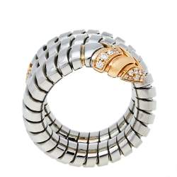 Pre Owned Bvlgari Serpenti Tubogas 18K Rose Gold Stainless Steel Double Spiral Ring Size 50.5