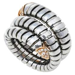 Pre Owned Bvlgari Serpenti Tubogas 18K Rose Gold Stainless Steel Double Spiral Ring Size 50.5