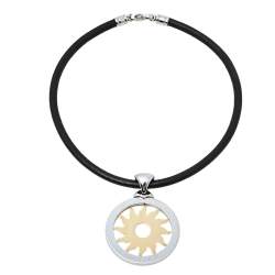Pre Owned Bvlgari Tondo Sun 18K Yellow Gold & Stainless Steel Pendant Cord Necklace