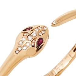 Pre Owned Bvlgari Serpenti Rubelite Diamond 18K Rose Gold Open Cuff Bracelet S