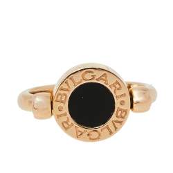 Pre Owned Bvlgari Bvlgari Mother of Pearl Onyx 18K Rose Gold Flip Ring Size 53