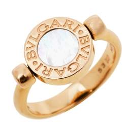 Pre Owned Bvlgari Bvlgari Mother of Pearl Onyx 18K Rose Gold Flip Ring Size 53