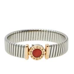 Pre Owned Bvlgari Tubogas Coral 18K Rose Gold Steel Cuff Bracelet S