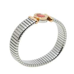 Pre Owned Bvlgari Tubogas Coral 18K Rose Gold Steel Cuff Bracelet S