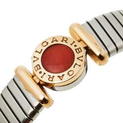 Pre Owned Bvlgari Tubogas Coral 18K Rose Gold Steel Cuff Bracelet S