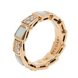 Pre Owned Bvlgari Serpenti Viper Mother of Pearl Diamond 18K Rose Gold Band Ring Size 52
