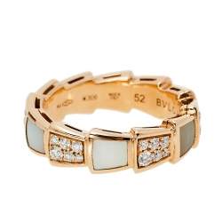 Pre Owned Bvlgari Serpenti Viper Mother of Pearl Diamond 18K Rose Gold Band Ring Size 52