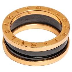 Pre Owned Bvlgari B.Zero1 Black Ceramic 18k Rose Gold Narrow Band Ring Size 55