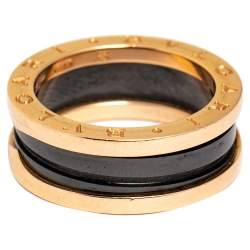 Pre Owned Bvlgari B.Zero1 Black Ceramic 18k Rose Gold Narrow Band Ring Size 55