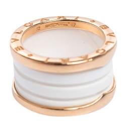 Pre Owned Bvlgari B.Zero1 White Ceramic 18k Rose Gold Band Ring Size 52