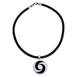 Pre Owned Bvlgari Optical Illusion Onyx 18K White Gold Stainless Steel Pendant Cord Necklace
