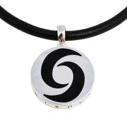 Pre Owned Bvlgari Optical Illusion Onyx 18K White Gold Stainless Steel Pendant Cord Necklace