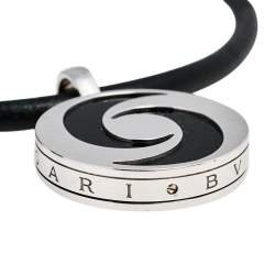 Pre Owned Bvlgari Optical Illusion Onyx 18K White Gold Stainless Steel Pendant Cord Necklace