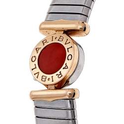 Pre Owned Bvlgari Tubogas Coral 18K Rose Gold Steel Cuff Bracelet L