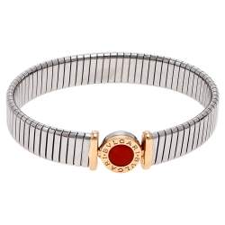 Pre Owned Bvlgari Tubogas Coral 18K Rose Gold Steel Cuff Bracelet L