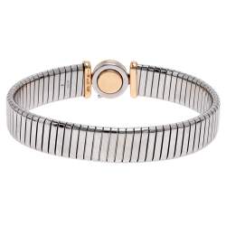 Pre Owned Bvlgari Tubogas Coral 18K Rose Gold Steel Cuff Bracelet L