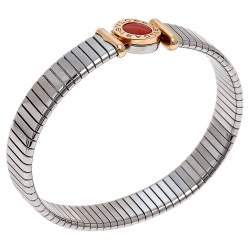 Pre Owned Bvlgari Tubogas Coral 18K Rose Gold Steel Cuff Bracelet L