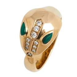 Pre Owned Bvlgari Serpenti Malachite Diamond 18K Rose Gold Ring Size 50.5