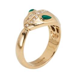 Pre Owned Bvlgari Serpenti Malachite Diamond 18K Rose Gold Ring Size 50.5