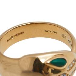 Pre Owned Bvlgari Serpenti Malachite Diamond 18K Rose Gold Ring Size 50.5