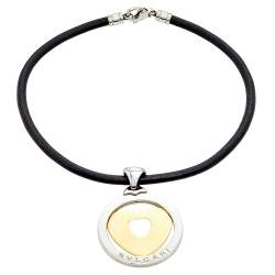 Pre Owned Bvlgari Tondo Heart 18K Yellow Gold & Stainless Steel Large Pendant Cord Necklace