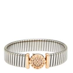 Bvlgari Tubogas Diamond 18K Rose Gold & Steel Cuff Bracelet S