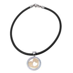 Pre Owned  Bvlgari Tondo Heart 18k Yellow Gold & Stainless Steel Pendant Leather Cord Necklace