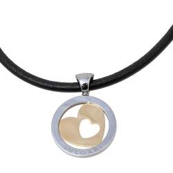 Pre Owned  Bvlgari Tondo Heart 18k Yellow Gold & Stainless Steel Pendant Leather Cord Necklace