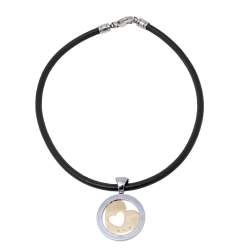 Pre Owned  Bvlgari Tondo Heart 18k Yellow Gold & Stainless Steel Pendant Leather Cord Necklace