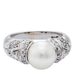 Bvlgari Bvlgari Passo Doppio Cultured Pearl Diamond 18k White Gold Ring Size 51