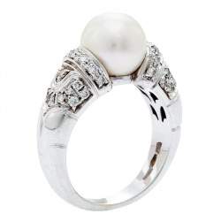 Bvlgari Bvlgari Passo Doppio Cultured Pearl Diamond 18k White Gold Ring Size 51