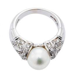 Bvlgari Bvlgari Passo Doppio Cultured Pearl Diamond 18k White Gold Ring Size 51