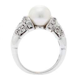 Bvlgari Bvlgari Passo Doppio Cultured Pearl Diamond 18k White Gold Ring Size 51