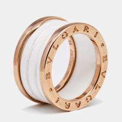 Pre Owned Bvlgari B.Zero1 White Ceramic 18k Rose Gold 4-Band Ring Size 55