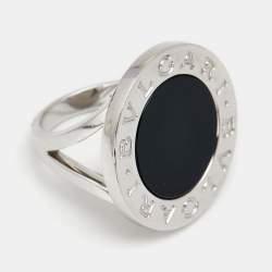 Pre Owned Bvlgari Bvlgari Onyx 18k White Gold Circular Ring  Size 55