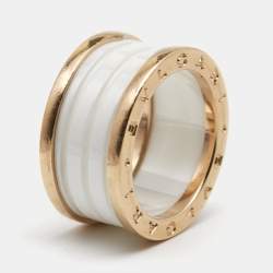 Pre Owned Bvlgari B.Zero1 White Ceramic 18k Rose Gold 4-Band Ring Size 57