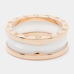 Pre Owned Bvlgari B.Zero1 White Ceramic 18k Rose Gold 2-Band Ring Size 56