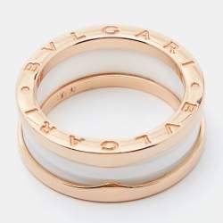 Pre Owned Bvlgari B.Zero1 White Ceramic 18k Rose Gold 2-Band Ring Size 56