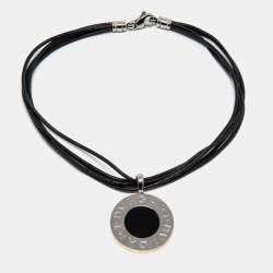 Pre Owned Bvlgari Tondo Lapis Lazuli Onyx 18k Yellow Gold Stainless Steel Leather Cord Pendant Necklace