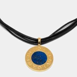 Pre Owned Bvlgari Tondo Lapis Lazuli Onyx 18k Yellow Gold Stainless Steel Leather Cord Pendant Necklace