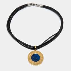 Pre Owned Bvlgari Tondo Lapis Lazuli Onyx 18k Yellow Gold Stainless Steel Leather Cord Pendant Necklace