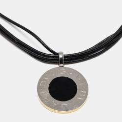 Pre Owned Bvlgari Tondo Lapis Lazuli Onyx 18k Yellow Gold Stainless Steel Leather Cord Pendant Necklace