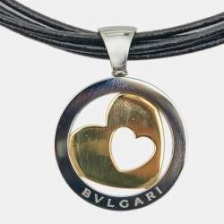  Bvlgari Tondo Heart 18k Yellow Gold  Stainless Steel Leather Cord Pendant Necklace