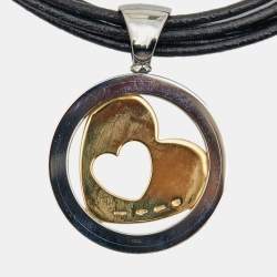  Bvlgari Tondo Heart 18k Yellow Gold  Stainless Steel Leather Cord Pendant Necklace