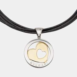  Bvlgari Tondo Heart 18k Yellow Gold  Stainless Steel Leather Cord Pendant Necklace